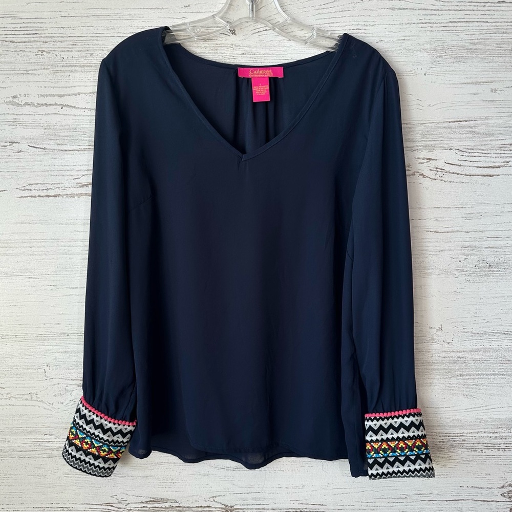 CATHERINE MALANDRINO Embroidered Southwestern Novelty Cuff Sheer V Neck Blouse L